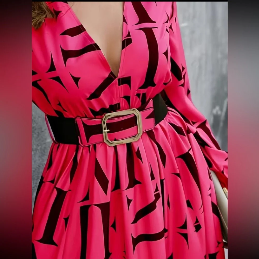 Letter Print Split Thigh Belted, Elegant V Neck High Waist Pleated Maxi Dress - Picture 10 of 11